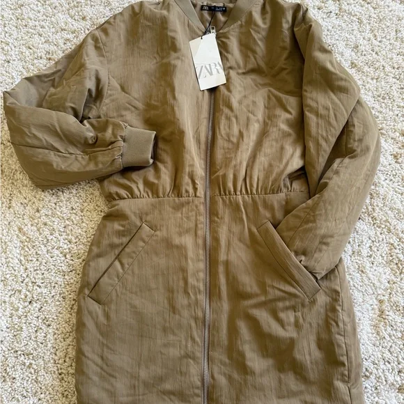 Zara Tan Bomber Jacket dress with Elasticized Waist - Picture 1 of 3